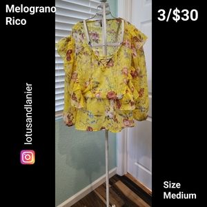 Melograno Rico Yellow Floral Ruffly Shirt Sz Medium 3/$30